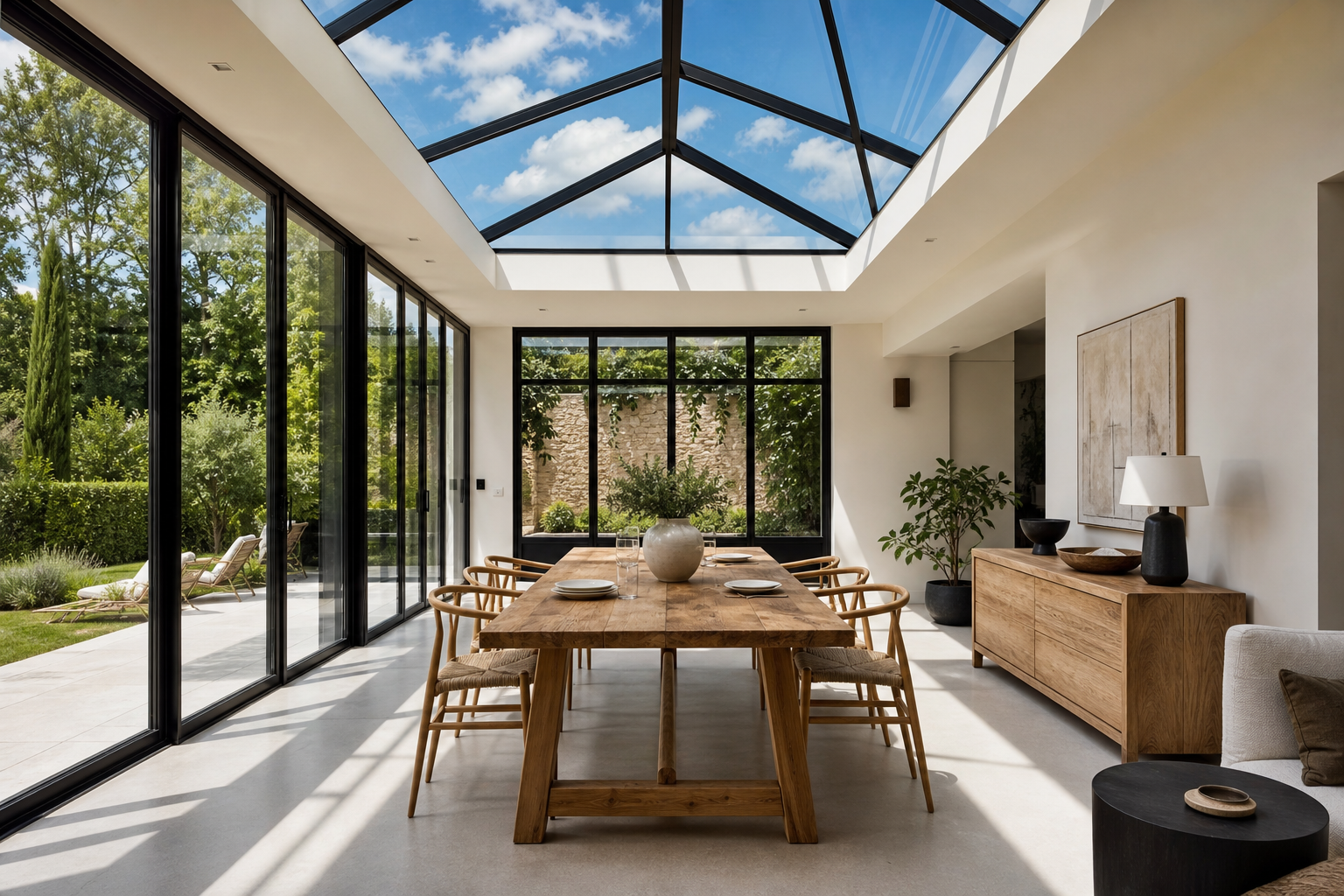 Salle à manger dans une extension vitrée